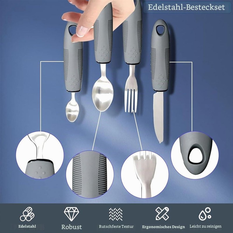4-Piece Adaptive Utensils, Parkinson Cutlery Right-Handed Easy Grip Cutlery Set,
