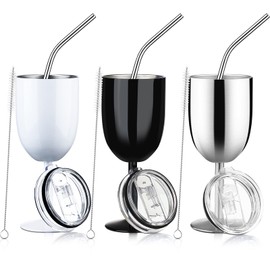 Stemmed Stainless Steel Wine Glasses with Lid Double Wall Insulated Wine Tumbler Unbreakable Goblets Wine Glasses with Drinking Straw and Straw Brush, 10 oz (Black, White, Silver,3 Pieces)