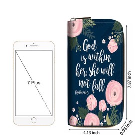 FQTBCEARI Floral Quote Bible Verses Psalm 46:5 Print Women Large Capacity Wallet PU Leather Zipper Clutch Purse for Smart Phone/Card/Coin/Cash