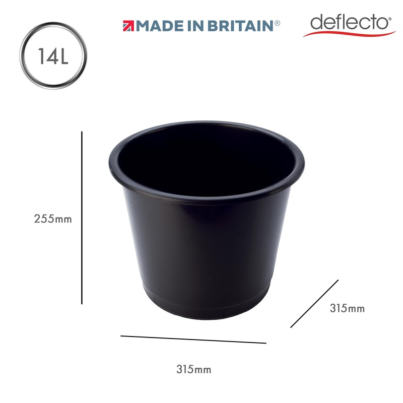 Deflecto CP025YTBLK 14 Litre Plastic Waste Bin - Black