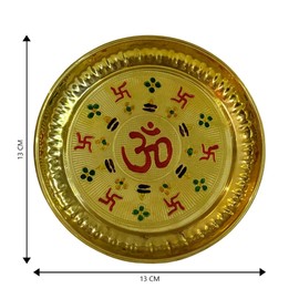 HOME GENIE Brass Pooja Thali with Om and Swastik Design | 13 cm Decorative Prayer Plate for Rituals, Festivals, Temple Use & Gifting | Round Handmade Brass Aarti Thali