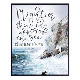 Mightier Than The Waves Is His Love For You - Bible Verse Wall Art - Nautical Beach House, Ocean Home Decoration - Religious Scripture Wall Decor - Christian Gifts - Psalms - Blue Bathroom Decor