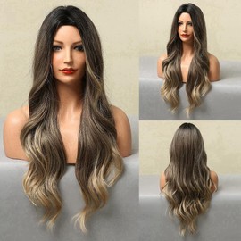 Generic Women's synthetic wig brown ombre blonde, blonde wig, black wig big wavy long hair (Medium blonde brown)