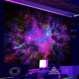 Miytal Blacklight Starry Sky Tapestry, Fantasy Forest Space Galaxy Night Nature Scenery Wall Hanging Tapestry, Aesthetic Landscape Wall Art Tapestries for Bedroom, Living Room - 70.9" x 90.6"
