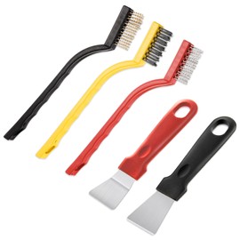 5 Pack Kitchen Stove Cleaning Brush + Scraper Tool Set, Stainless Steel and Nylon Brush Head Brushes Heavy Duty Scraper for Gas Burners Cooktop Pot Pan Brass Kitchen, Bathroom, Range Hood Grease Grime