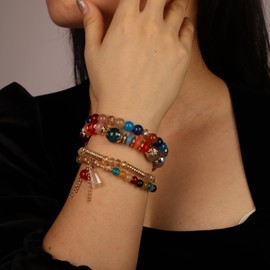 YERTTER Boho-Style Beaded Bracelet Set 4PCS Vintage Stackable Stretch Bangle Tassel Bracelet for Women, 7.5 Inches, beads, no gemstone