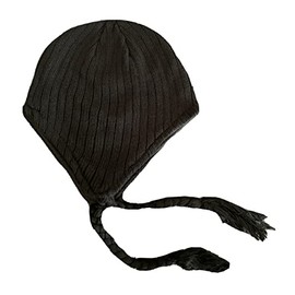 Nayt Men's Peruvian Helmet Style Earflap Strings Solid Plain Beanie Knit Hat Black