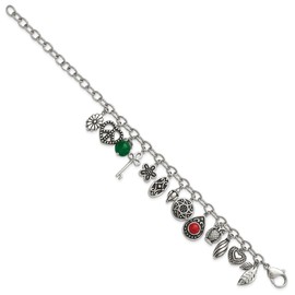 Real Stainless Steel Synthetic Jade and Red Glass with 2in Extension Charm Bracelet - with Secure Lobster Lock Clasp 7"