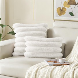 HAUSSY Faux Fur Throw Pillow Covers 18x18 Inch Set of 2,Decorative Striped Neutral Pillow Cases Soft Plush Couch Pillow Covers,Home Decor for Sofa,Bed, Living Room,Cream White