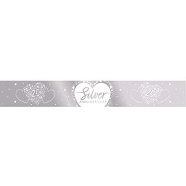 Anniversary House Silver 25th Anniversary Foil Banner |Silver and White Print Happy 25th Anniversary | Silver Anniversary Party Decorations | 9ft Foil Banner| J054