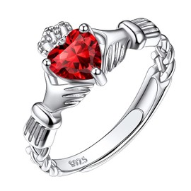 925 Sterling Silver Irish Claddagh Heart Promise Ring, Created Red Garnet January Birthstone Delicate Thin Adjustable Engagement Wedding Ring for Her Women Ladies