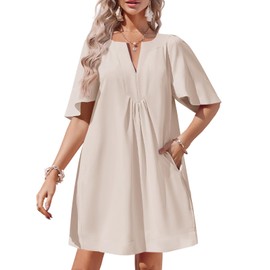 Wenrine Women Flutter Sleeve Shift Tunic Dress Casual Summer Mini Dresses with Pockets Beige