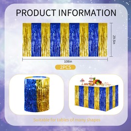 BEISHIDA 2 Pack Blue Gold Table Skirts Party Decorations Metallic Tinsel Foil Fringe Table Skirts Table Decors for Rectangle and Round Table Graduation Party Birthday Holiday Party Cartoon Party