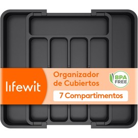 Lifewit Organizador de cajones para cubiertos, bandeja expandible para utensilios sin BPA, soporte ajustable para cubiertos y cubiertos, organizadores y almacenamiento de cocina de plástico, negro