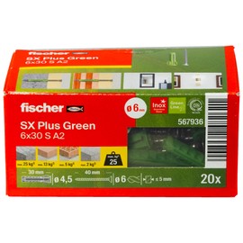 fischer SX Plus Green Expansion Dowel 6 x 30 S with A2 Stainless Steel Screw, Sustainable Dowels Made from 50% Renewable Raw Materials, 4-Way Spreading, the Specialist in Solid Building Material, 20