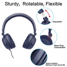 SIMOLIO Stereo Wired Over Ear Headphones with Mic & Volume Control, 1.5M / 4.9FT Long Cord Headphone for Adults, Students, Kids, Durable Headset for PC, Computer, Laptop, Tablet, Phone - SM-906M Blue