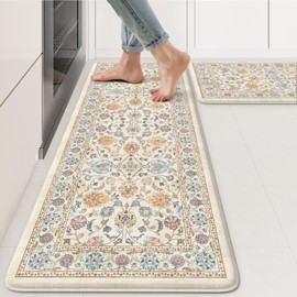 KIMODE Anti Fatigue Kitchen Mats for Floor, Boho Vintage Kitchen Rugs Sets of 2, Cream Colored Cushioned Kitchen Floor Mats, Comfort Standing Mat for Sink Laundry Office Desk 17"x47"+17"x29"