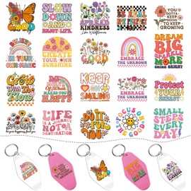 AFRITEE UV DTF Wraps Stickers - 8 Sheets Christianity Inspirational Quotes Motel Keychain Transfer Sticker, Groovy Floral Butterfly Waterproof Uvdtf Decals Blank Acrylic Keychains Decoration