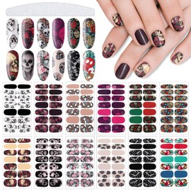 Maitys 168 Pcs 12 Sheets Halloween Goth Full Wrap Nail Stickers Nail Polish Strips Decals Skull Self Adhesive for Women DIY Decoration(Skeleton Style)