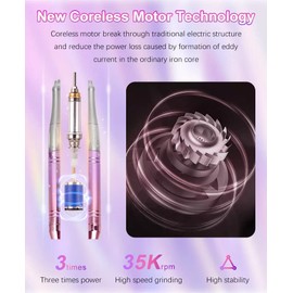 M - Professional 2 in 1 Cordless Rechargeable & Desktop Portable 35000 RPM HD Display Coreless Motor Acetone Resistant Manicure E File Nail Drill Machine (Unicorn Pink)
