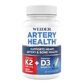 Weider Artery Health for Heart, Immune and Bone Support with Vitamin K2 (180mcg) & Vitamin D3 (5000iu), 30 Veggie Capsules