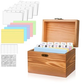 MOBYKE Index Card Holder 3x5, wooden Origanizer Recipe Box with 100 PCS Flash cards, 30 White Dividers, 1 Blank Sticker and 1 Letter Sticker, Flashcard Notecard Holders for Home Office