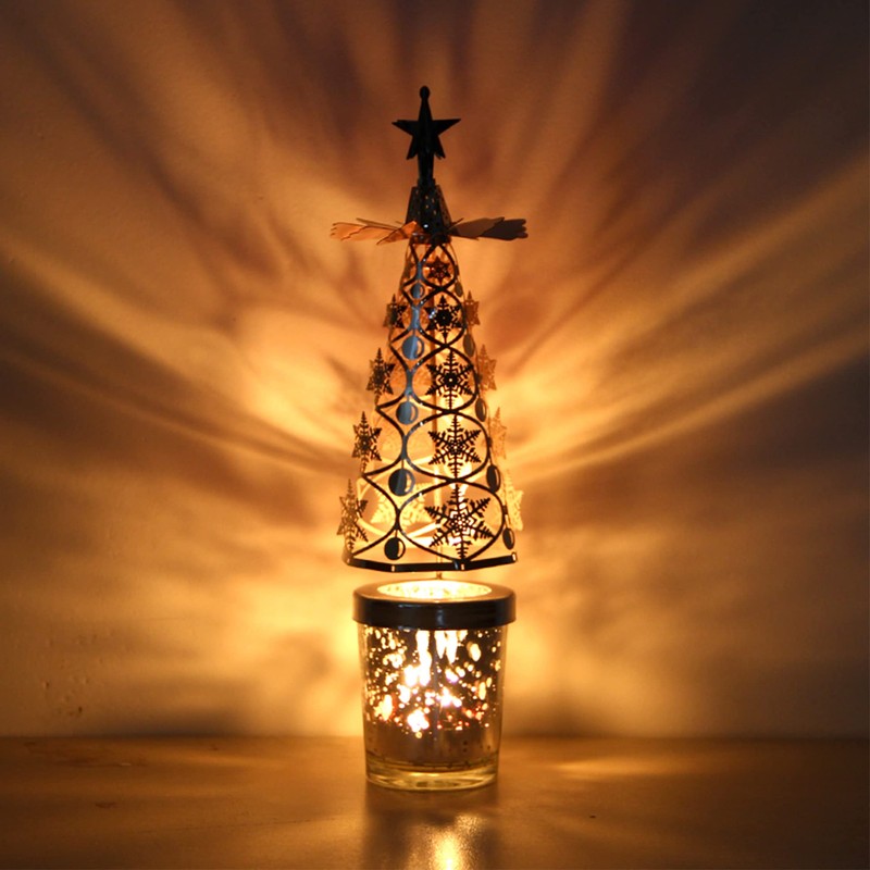 Rotating Silver Metal Tree Candle Holder - Spinning Tea Lights