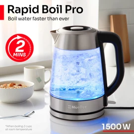 MUELLER HOME Rapid Boil Electric Tea Kettle 1.8L – Borosilicate Glass & Stainless Steel – BPA-Free Hot Water Boiler, LED Light, Auto Shut-Off, Boil Dry Protection Fast Water Heater, Kitchen Appliances