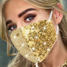 MLGDA Sparkly Sequins Mouth Masc Fashion Designer Glitter Cotton Face Cover With Adjustable Ear Loops Reusable Masquerade Party Nightclub Rave Festival Sequins Face Covering (Gold)
