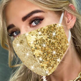 MLGDA Sparkly Sequins Mouth Masc Fashion Designer Glitter Cotton Face Cover With Adjustable Ear Loops Reusable Masquerade Party Nightclub Rave Festival Sequins Face Covering (Gold)