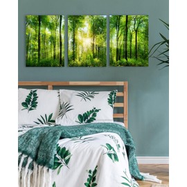 Forest Art Canvas Wall Decor: 3 Panel Nature Wall Art Landscape Paintings Framed Trees Green Pictures Sunrise Scenery Wall Decor for Living Room Bedroom Office Bathroom 12 x 16 Inch