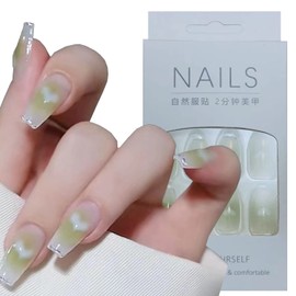 24PCS Full Cover Reusable False Nails Kits, Medium Length Press on Nails, Artificial Acrylic Fake Nails for Women, Green Heart Nails Design, Glue on Nails Fake Nails for Nail Art