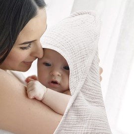 Ultra Soft Hooded Baby Towel - Absorbent 6-Layer Muslin Baby Bath Towel for Newborns - Cozy and Gentle Hooded Wrap for Delicate Skin, 90x90cm (white)