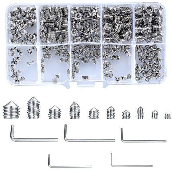 250 Pcs Cone Point Grub Screws Mixed, Stainless Steel Hex Allen Key Socket Screws Set with Metric Threads for Door Handles, Faucet, Light Fixture, with 5 Pcs Hex Wrench - M3/M4/M5/M6/M8