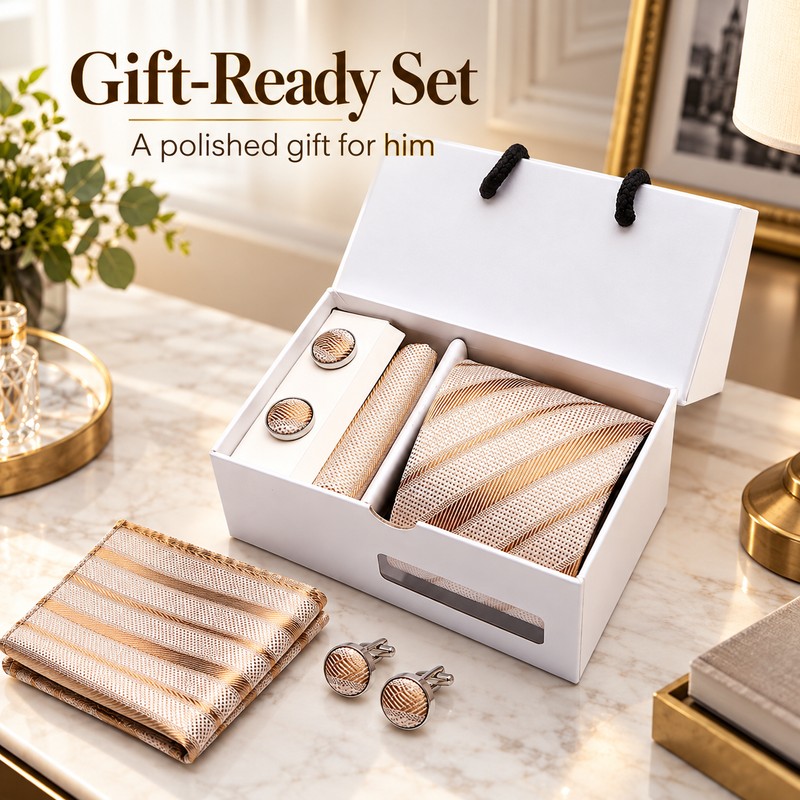 Champagne Gold Striped Silk Tie Gift Set for Men with