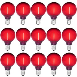 GUILEDUO 15 Pack G40 Red Light Bulb LED Christmas Replacement Bulbs, 1 Watt E12/C7 Candelabra Base Globe Light Bulbs for Outdoor String Lights, Shatterproof Plastic Clear Night Light Bulbs, 120 Volt