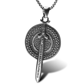 bahamut Viking Necklace Men Stainless Steel Nordic Sowrd Shield Axe Pendant Vintage Compass Jewellery Talisman Amulet Norse Mythology Gifts (Sword and shield)