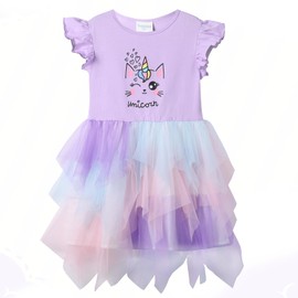VASCHY Unicorn Cat Dress for Girls, Cute Tulle Dress Cotton Ruffle Sleeve Princess Birthday Outfit Clothes,Toddler/Little/Big Kid Clothing Purple 4T