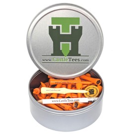 Castle Tees Orange 40 x 70mm 2 ¾ inch Orange Premium Bamboo Golf Tees in a Tin with Free Ball Marker & Free Pencil. Twice the strength of regular bamboo very strong & durable & a Great Golf Gift.