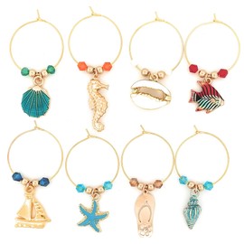 Beach Wine Charms For Beach Lovers, Beach Gifts, Nautical Glass Identifiers, Shell Glass Tags, Starfish, Boat, Flip Flops, and Fish Glass Markers, 8 wine Charms