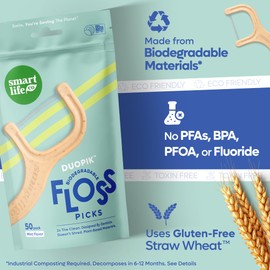 SmartLifeco Biodegradable* Dual Thread Dental Floss Picks - Thin Thread Tooth Flossers for Adults & Kids, Eco-Friendly Handle, Toothpick Soft on Gum & Teeth, Compostable* Zero Waste Vegan, 200 Mint