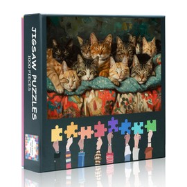 Group of Cats on Bed 1000 Piece Puzzle for Adults Colorful Kitten Jigsaw Puzzles Teens Educational Toys Gifts Challenging Puzzles Suitable for Game Nights Finished Size: 70x50cm