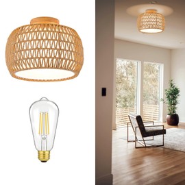 SOTTAE Hand-Woven Rattan Light Fixture, 11.8inch Bohemian Modern Woven Ceiling Light, Boho Rattan Flush Mount Ceiling Light for Bedroom Living Room Dining Room, Bulb Included