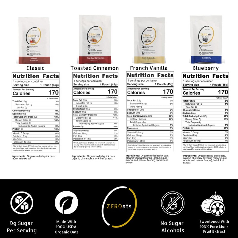 ZEROats Organic Oatmeal - Zero Sugar, Vegan Oats, Sweetened With