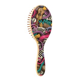 Paddle Brush Hair Brush, Round Wooden Pins Air cushion comb, Scalp massages Detangling Hair Hairbrush for Smoothing Hair Print Music Symbols Guitar Piano Doodles Colorful