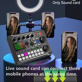 Hahhhha Sound Mixer Card Voice Changer, Bluetooth Audio Mixer DJ Mixer Board Adapter, DJ Equipment Streaming Podcast Sound Card Bluetooth-compatible For Phone Computer Live Sound Card with LED Light