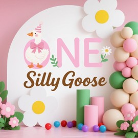 Aumccxz One Silly Goose Decal for Backdrop - Happy 1st Birthday Decorations - A Little Silly Goose is About to be on The Loose Baby Shower Decor Sign Pink & Brown