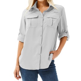 Anteef Women's Safari Shirts Long Sleeve Hiking Fishing UV Sun Protection UPF 50+,Quick Dry SPF Breathable Shirts(5071 Light Gray L)
