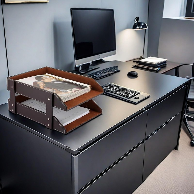 Leather Desk Organizer, Letter Tray Holder with Accessories, 2-Tier Stackable