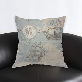 AOYEGO Sea Map Throw Pillow Cover World Compass Sailing Ship Sailboat Travel History Journey Ocean Pillow Case 18x18 Inch Decorative Men Women Room Cushion Cover for Home Couch Bed